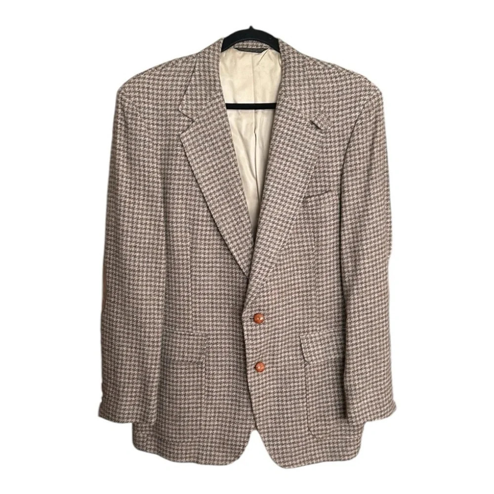 Vintage Wool Houndstooth Tan Sport Coat Blazer Academia Career Elbow Patch 42L